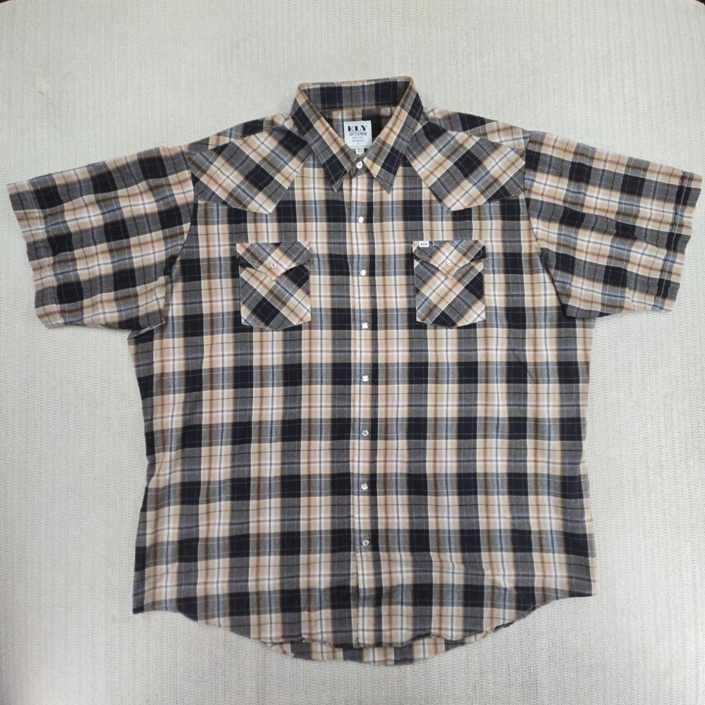 Ely Cattleman Pearl Snap Shirt Mens 3XLT Big Tall Black Brown Plaid Short Sleeve